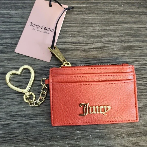 Juicy Couture Bright Red Coin Purse Card Holder w/ Heart Key Ring 4