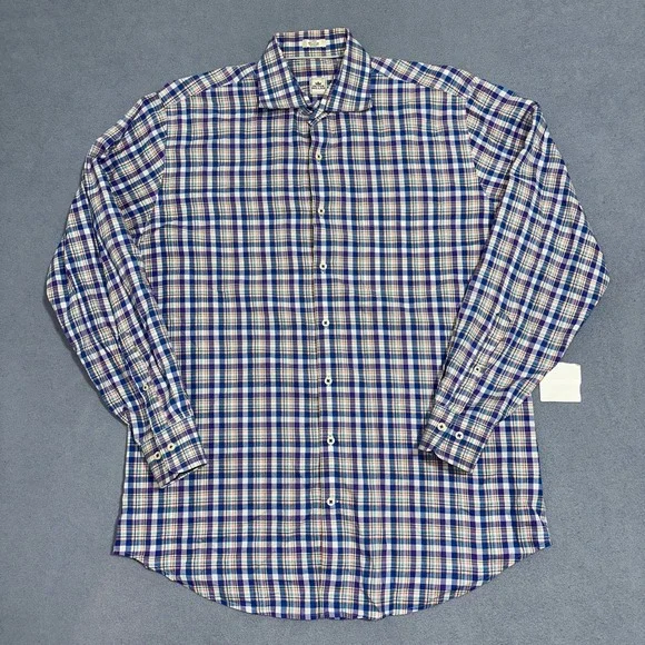 Peter Millar Plaid Button Down‎ Shirt Long Sleeve Blue Purple Mens Size Large