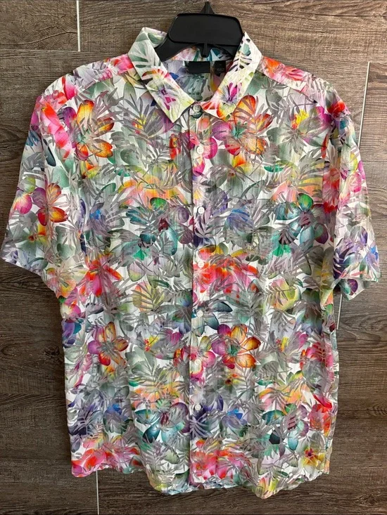 Men's Sheer Tropical Floral Button-Up Shirt - Multicolor