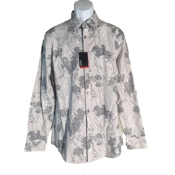 MURANO Men's Long Sleeve Button Down Floral Shirt White/Gray Large NWT‎