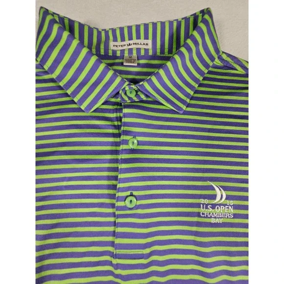 Peter Millar Men M 2015 US Open Chambers Bay Polo Shirt Purple Lime Green Stripe