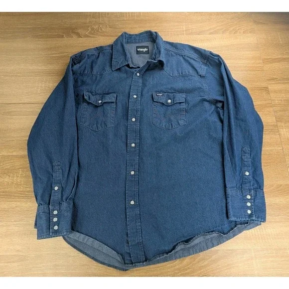 Wrangler Denim Western Shirt 2XL Blue Pearl Snap Buttons Cotton Midweight Wear