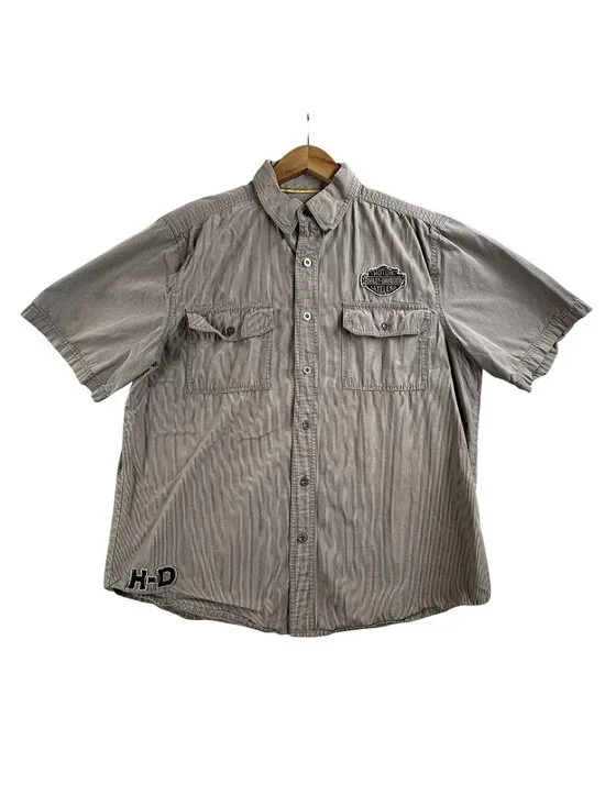 Harley-Davidson Shirt Mens Large Brown Stripe Button Up Short Sleeve Motorcycle