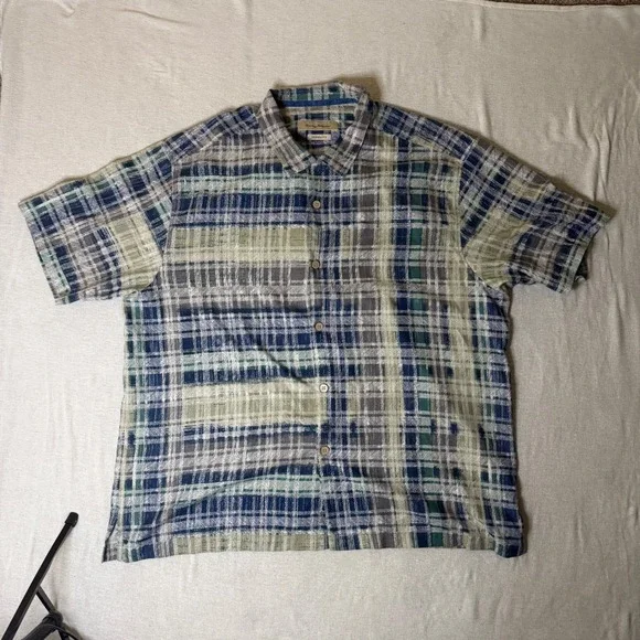 Tommy Bahama Button down Island Zone Shirt Mens XXL Blue Green Silk Blend Plaid
