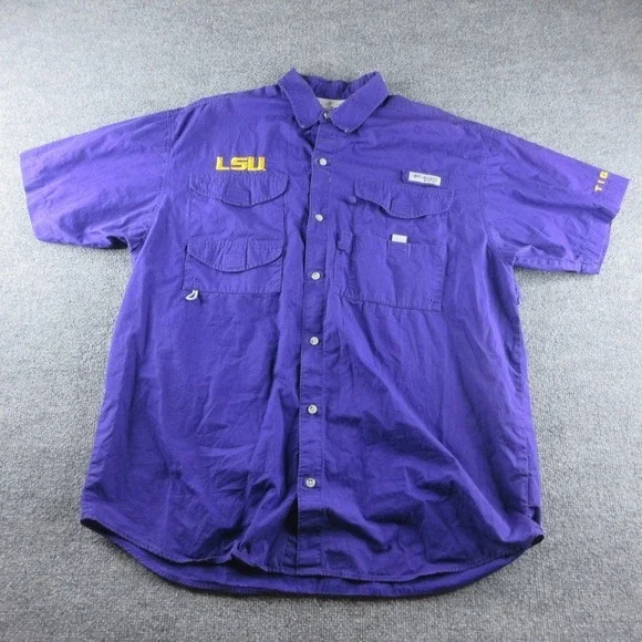 LSU Tigers Shirt Mens L Purple Columbia PFG Short Sleeve Button Up Fishing NCAA