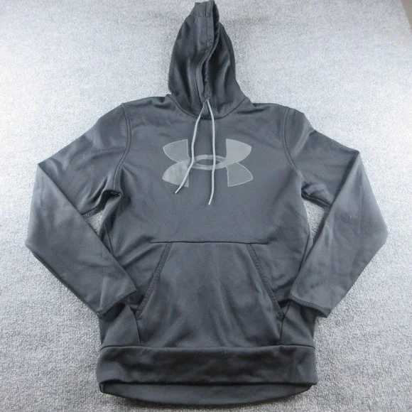 Under Armour Hoodie Mens S Black Pullover Fleece Big Logo Sweatshirt Pockets