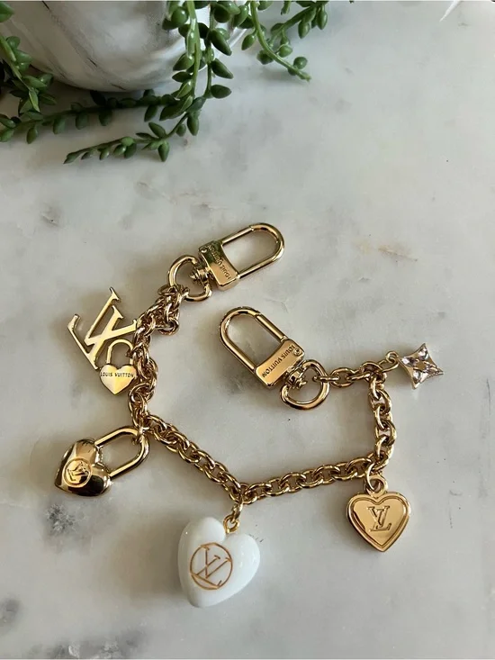 Louis Vuitton Gold and White Heart Charm Bag Chain