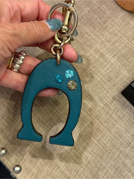 Coach EUC Teal Leather Horseshoe Key Fob with Crystal Accents ~ Collectible