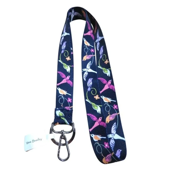 Vera Bradley French Ditsy Wide Lanyard Navy Blue Bird Floral ID Key Holder NEW
