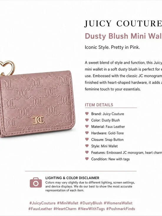 Juicy Couture Dusty Blush Wallet – Gold Logo Keychain & Bow Charm