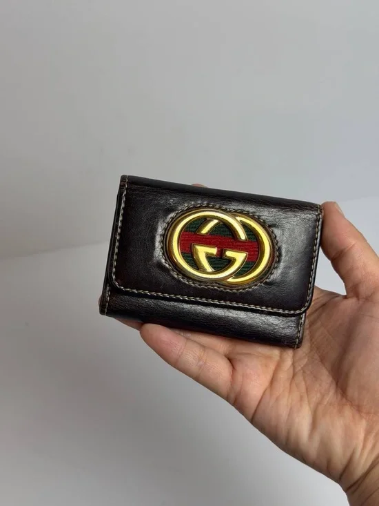 Gucci Vintage Interlocking GG Web Stripe Brown Leather Key Holder Case