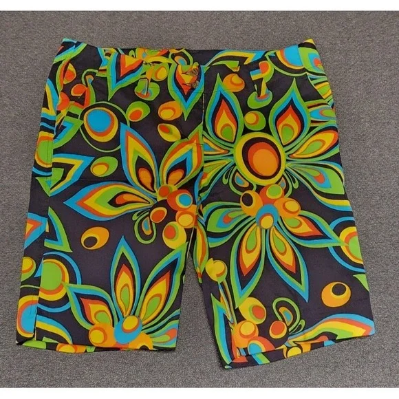 Loud‎ Mouth Abstract Golf Shorts Size 36 Bright Multicolor Swirls Floral Print