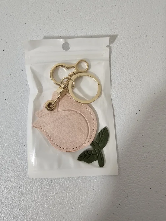 Pink Solid Faux Leather AirTag Key Chain w/ Gold Tone Metal Key Ring
