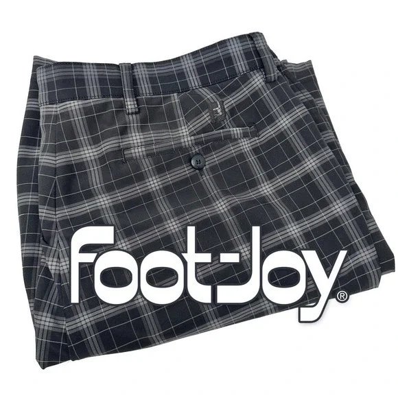 FootJoy FJ Gray Black Plaid Flat Front Polyester Spandex Golf Shorts Size 38‎