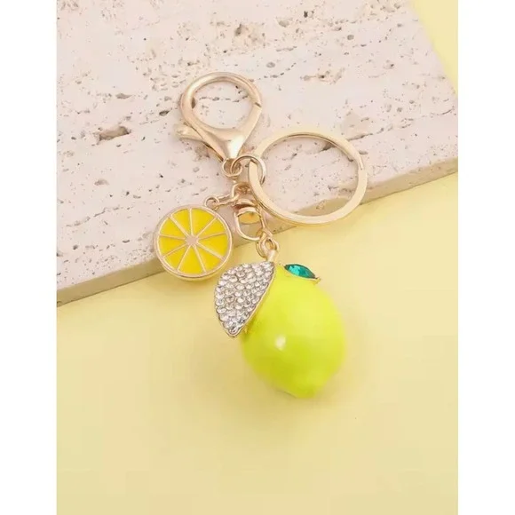 Yellow Lemon Fruit Keychain Rhinestone Leaf Gold Tone Bag Charm Accessory