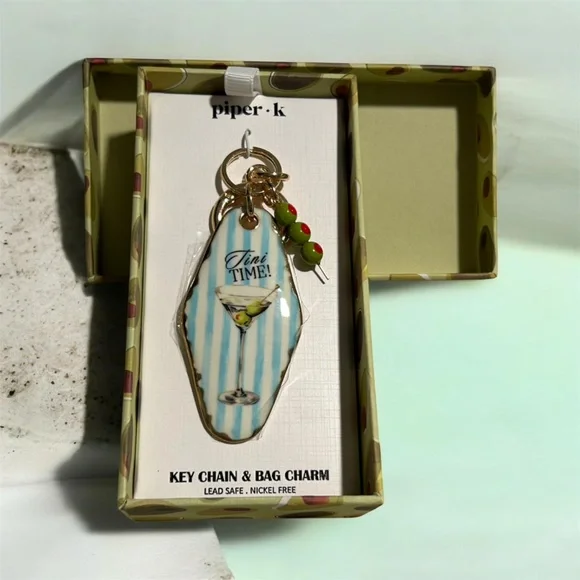 piper·k Blue Stripe 'Time! Time!' Martini Key Chain & Bag Charm
