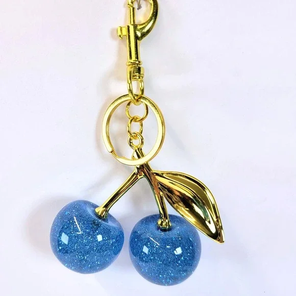 Double Cherry Bag Charm Keychain Glitter Blue Gold Coquette Festival NEW
