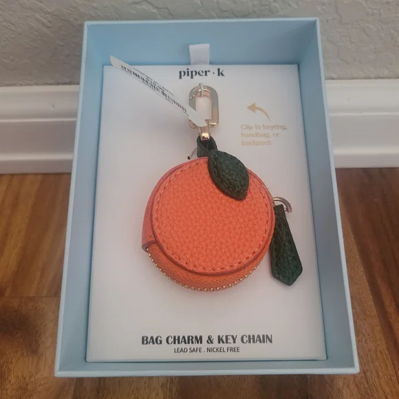 piper.k Orange Peach Bag Charm Key Chain with Green Leaf Accent