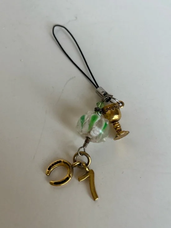 Gold Charm Phone Strap with Green-White Glass Bead