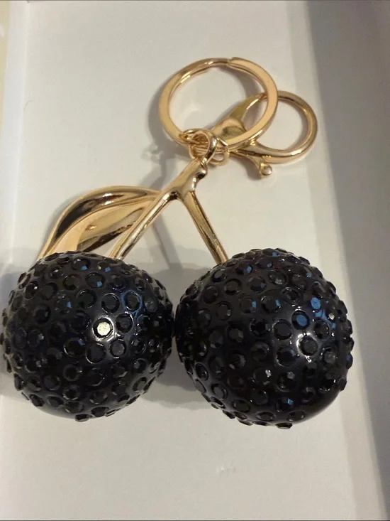 Gold Tone Cherry Keychain with rhinestones- NWOT
