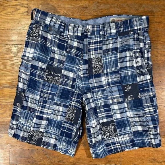 Polo Ralph Lauren Mens Shorts 34 Indian Madras Blue White Plaid Paisley‎ Patch