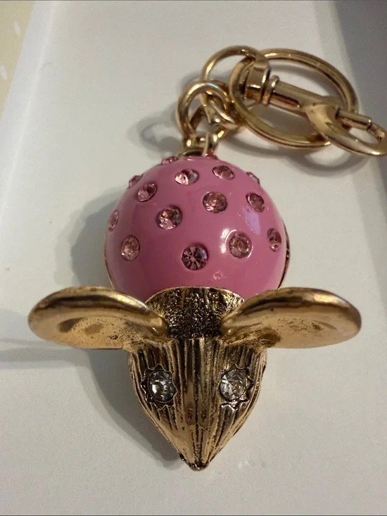 Pink Crystal-Dotted Mouse Keychain with Gold Metal Accents- NWOT