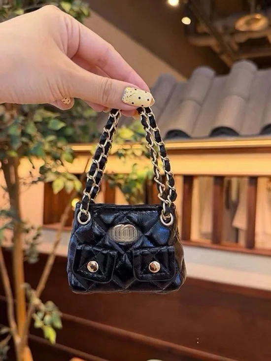 Black Glossy Quilted Mini Bag Charm & Small Pouch