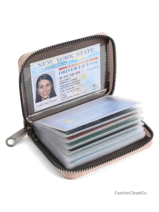 Faux Leather Credit Card Holder Wallet with 22 Slots and Zipper Closure
