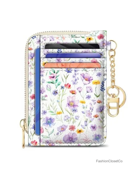 Slim RFID Blocking Card Wallet with Keychain, PU Leather, 6 Card Slots, Zipper