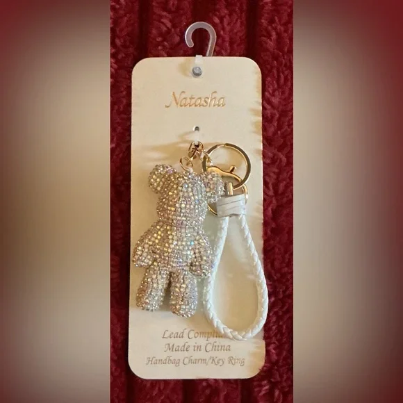 Natasha Couture Iridescent Crystal Bear Keychain with White Braided Strap