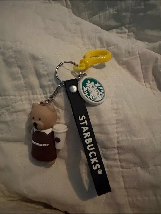Starbucks Black Keychain with Bear Charm and Yellow Clip