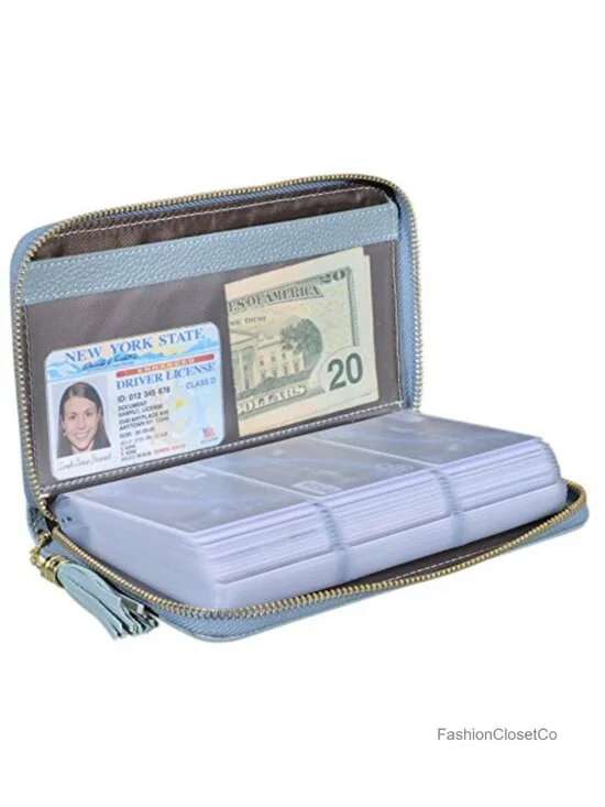 Genuine Leather RFID Blocking Zipper Card Case Wallet with 60 Slots