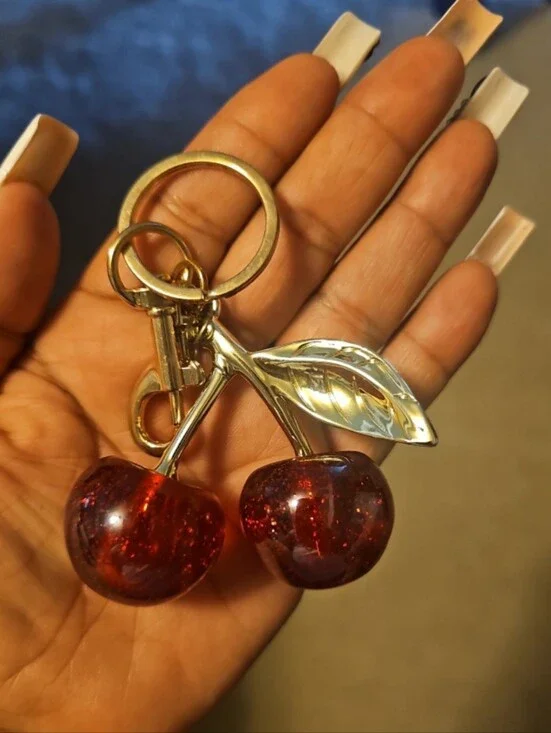 Red Cherry Keychain Bag Charm with Gold Leaf Accent