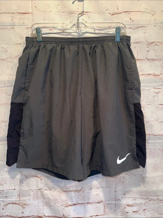 Nike Men's Gray Athletic Shorts Black Side Panels White Swoosh Dri fit pockets