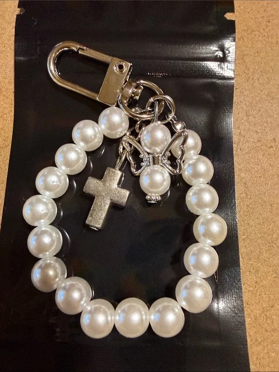 Pearl Bead Keychain with Cross and Angel Accent