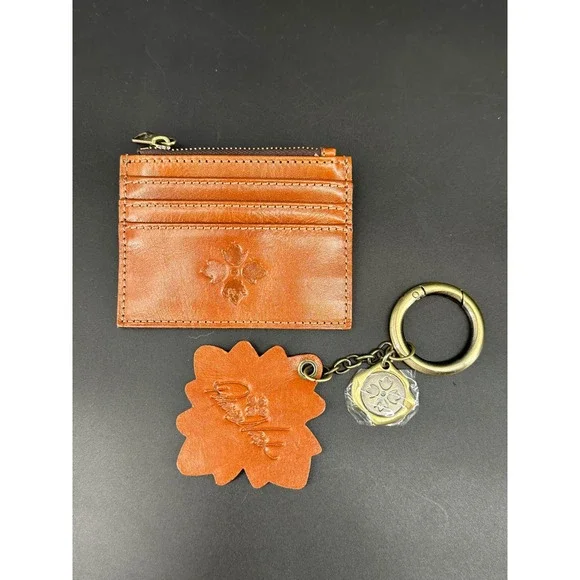 Patricia Nash Leather Card Case and Keychain Set Tan Cognac Flower Charm