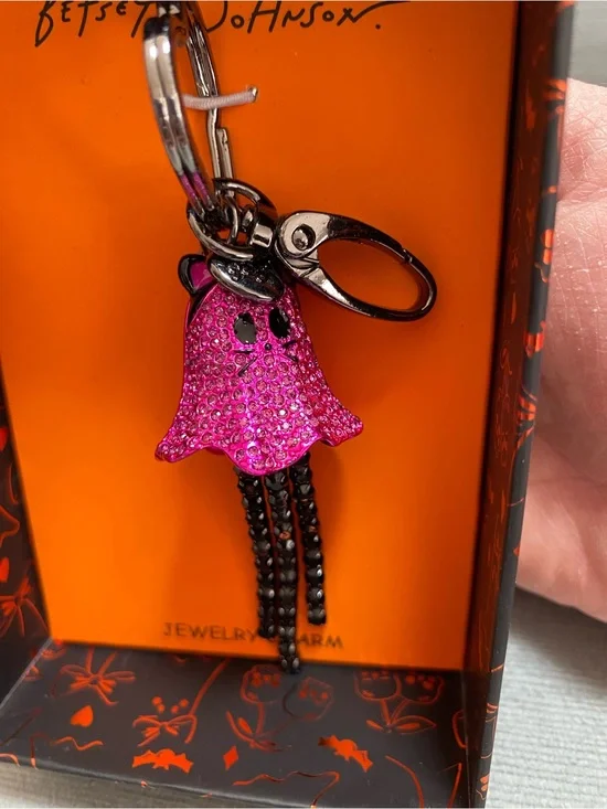 Betsey Johnson Hot Pink Crystal Ghost Cat NIB Keychain with Black Tassel