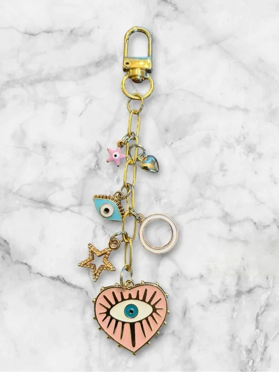 Gold-tone Heart Eye Charm Keychain with Pink Enamel