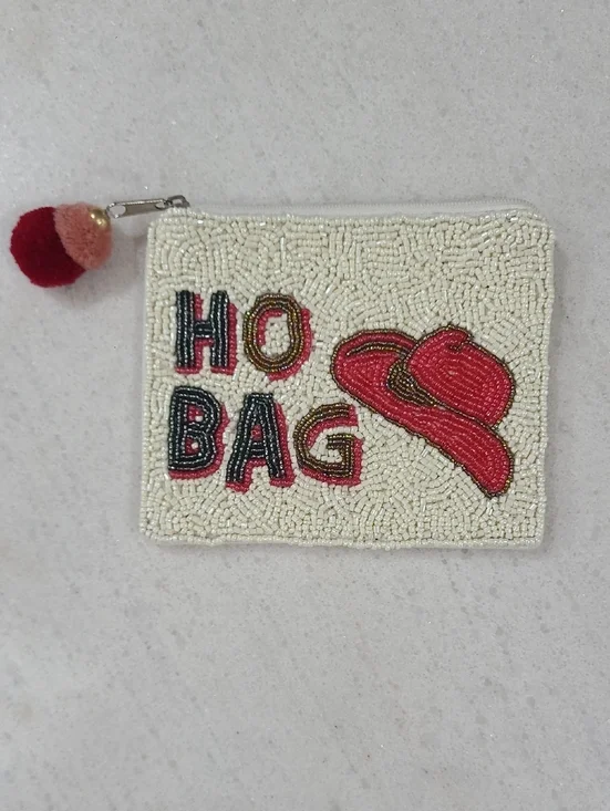 Beaded 'Ho Bag' Card & Key Pouch in Cream and Red