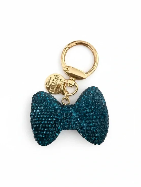 Teal Crystal Bow Keyring with Gold Hardware