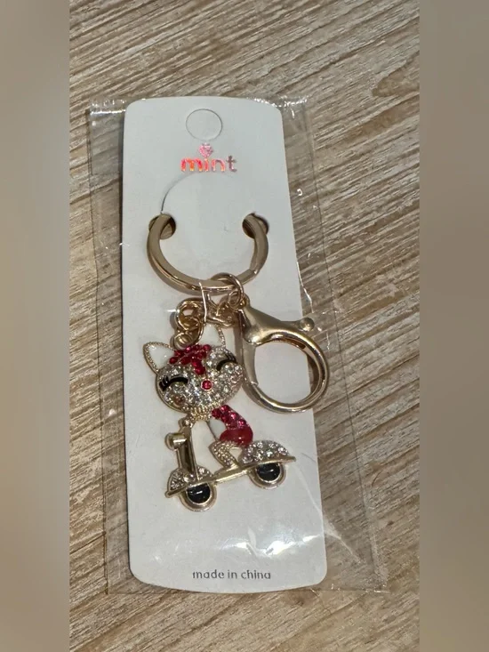 Cat on a Scooter Gold Tone Keychain or Bag Charm