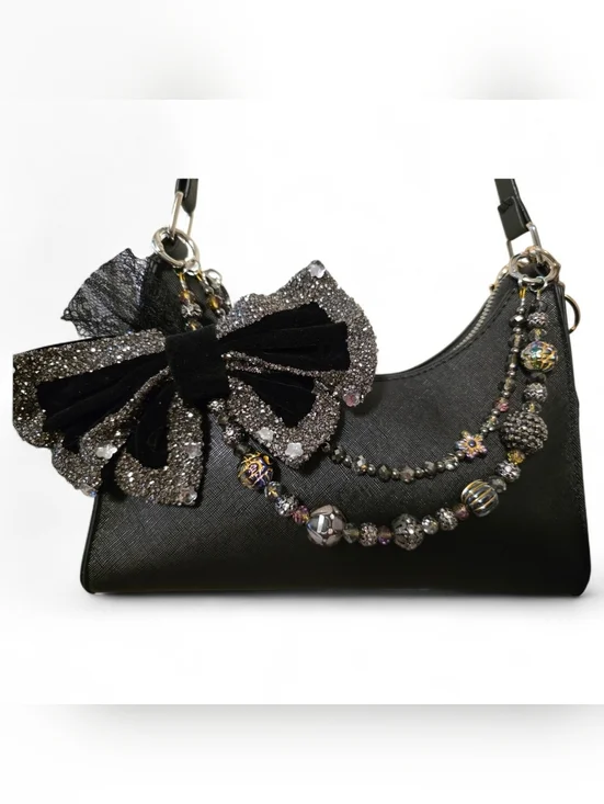 Elegant Black and Silver Bow Beaded Bag Charm