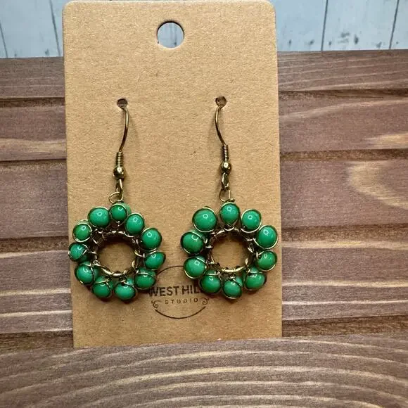 Green Boho Earrings Gold Circle Bead Dangle Earrings Green Accessories NEW!