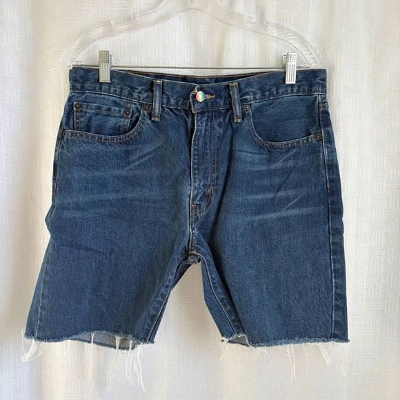 Levis 505 C Mens Denim Cutoff Shorts Blue Medium Wash Raw Hem W33 Rainbow Button