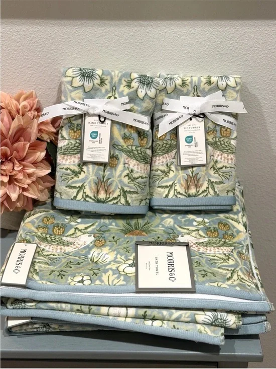6pc Morris & Co. Velour Towel Set Strawberry Thief 2 Bath, 2 Hand, & 2 Tip - NWT