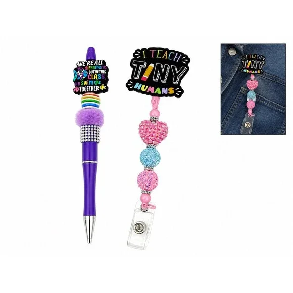 2 set-Teacher Badge Reel Refillable Retractable Pen Teach Tiny Humans cute gift