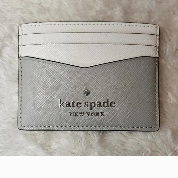 Kate Spade Gray White Saffiano Leather Card Holder Wallet Minimalist
