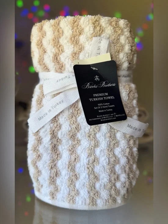 BROOKS BROTHERS Tan White THICK PLUSH Bath Hand TURKISH Towel Set New