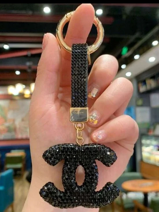 Luxury Black Crystal Interlocking CC Keychain bag charm nwt