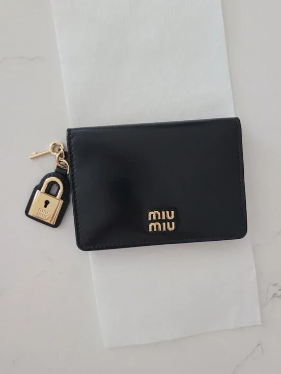 Miu Miu small black leather wallet with gold Pendent Lock Charm